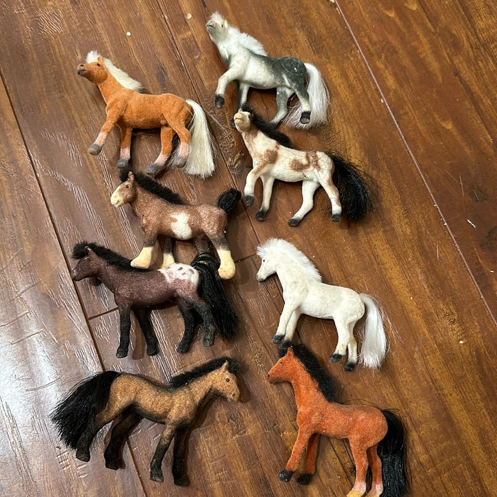 Vintage Flocked Horse Figurines Lot of 8 Miniature Pony Mare Foal Herd